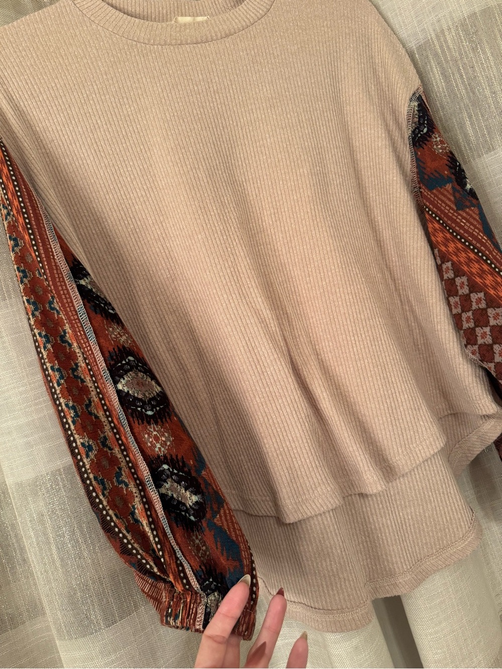 Altar'd State Cream Ribbed Pullover with Burnt Orange Patterned Balloon Sleeves - Picture 2 of 5